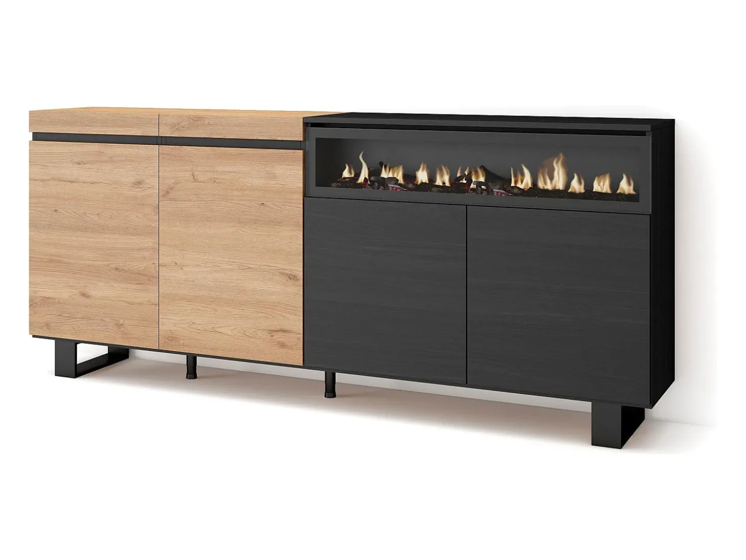 Aparadores para salón, 200x35x87cm, 4 Puertas, Chimenea eléctrica, Diseño industrial, Roble y negro