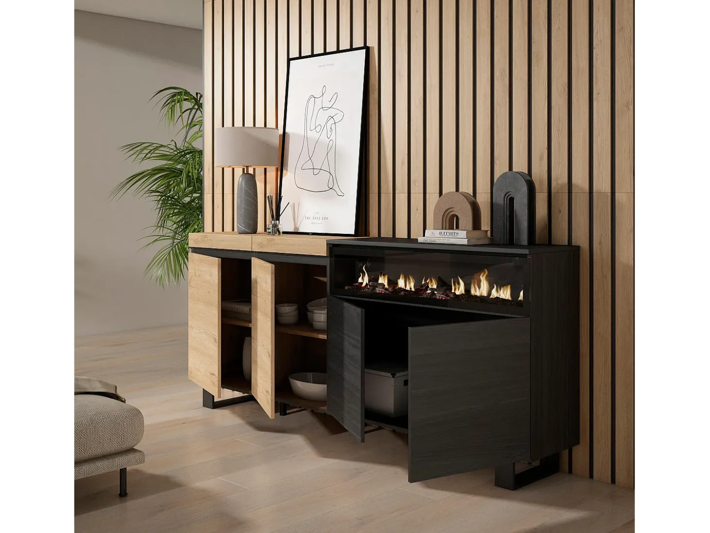 Aparadores para salón, 200x35x87cm, 4 Puertas, Chimenea eléctrica, Diseño industrial, Roble y negro
