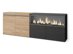 Aparadores para salón, 208x35x75cm, 4 Puertas, Chimenea eléctrica XXL, Roble y negro
