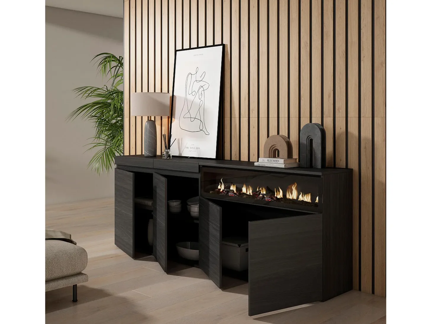 Aparadores para salón, 200x35x75cm, 4 Puertas, Chimenea eléctrica, Negro
