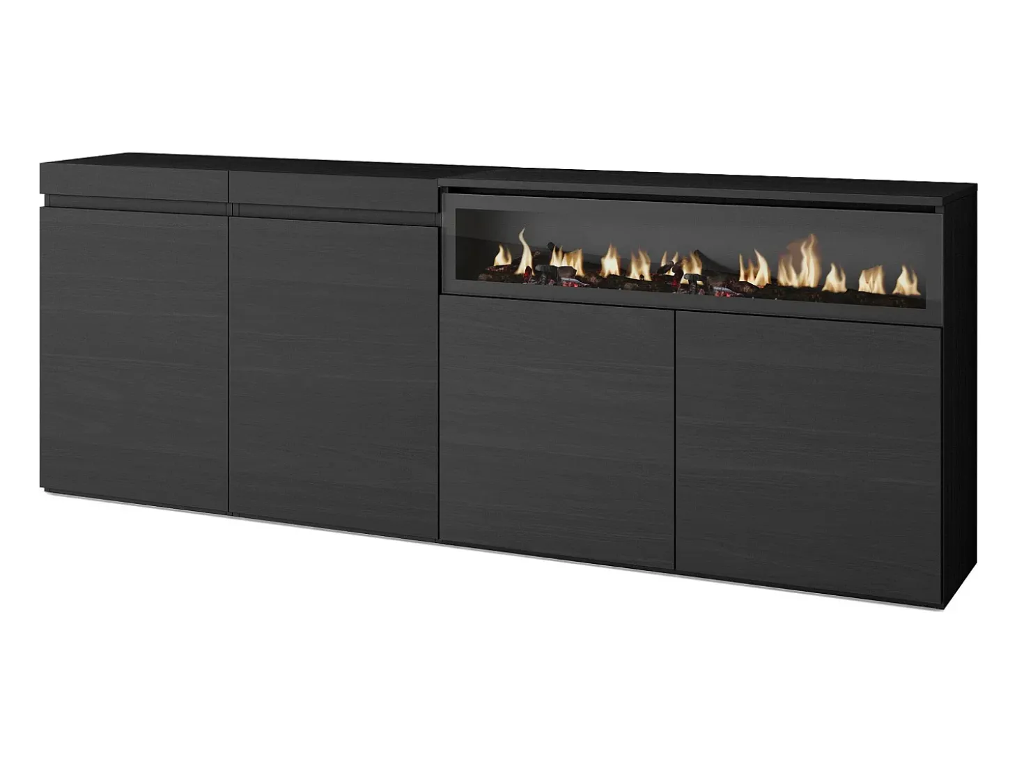 Aparadores para salón, 200x35x75cm, 4 Puertas, Chimenea eléctrica, Negro