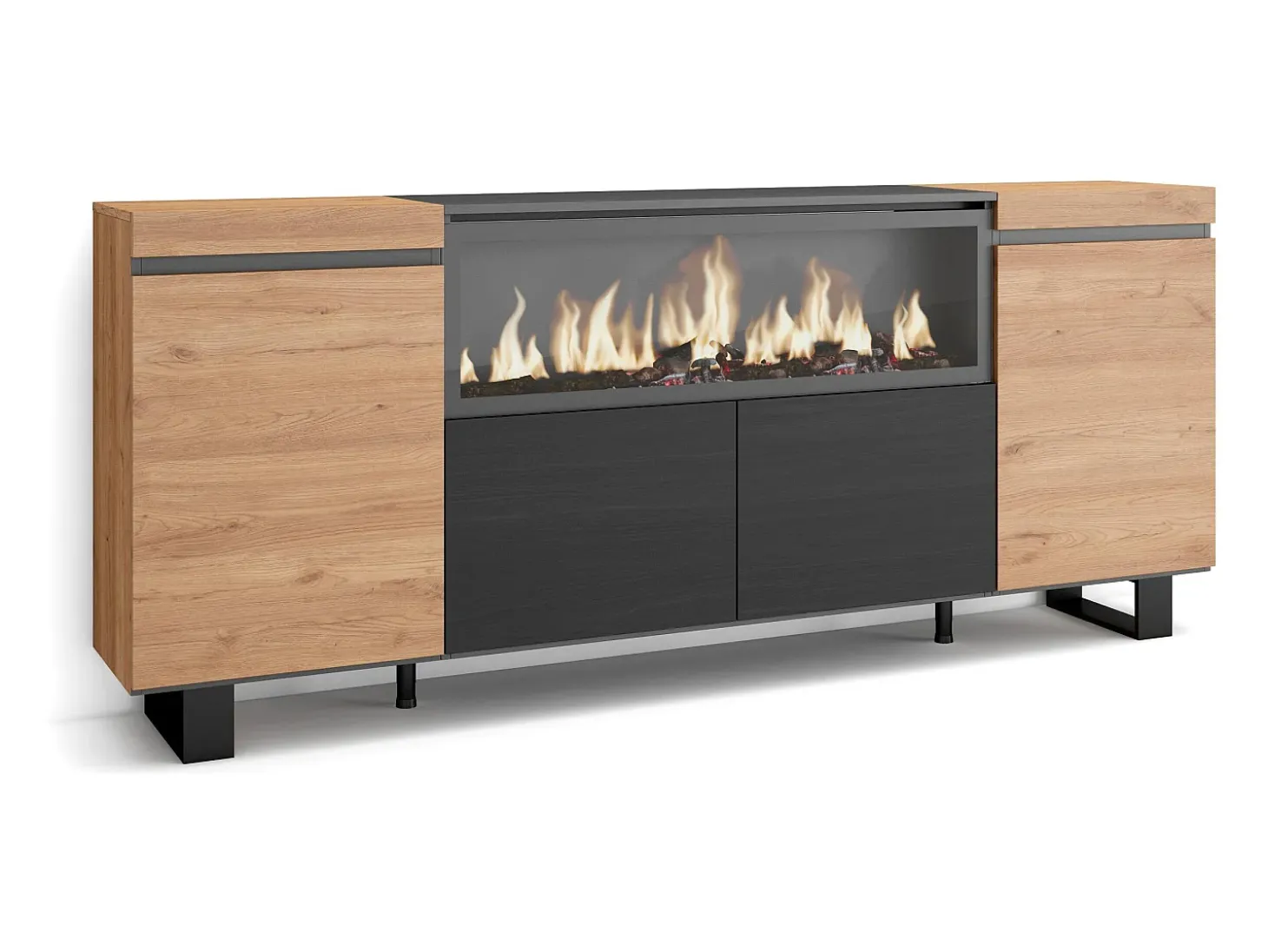 Aparadores para salón, 208x35x87cm, 4 Puertas, Chimenea eléctrica XXL, Diseño industrial, Roble y negro