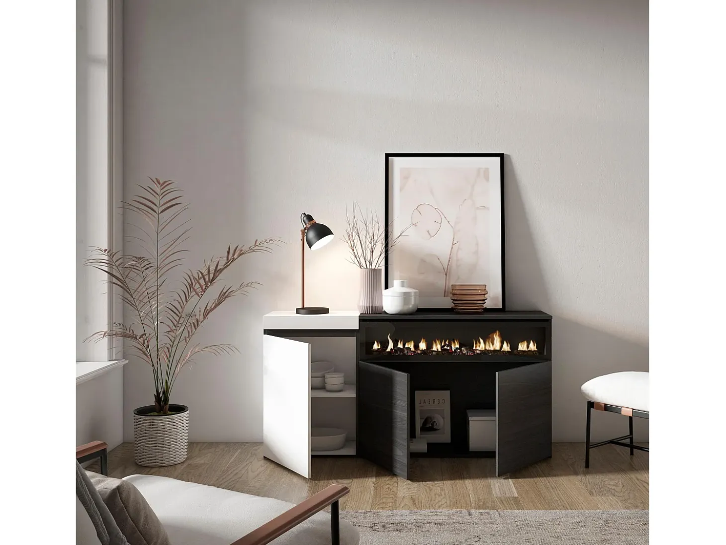 Aparadores para salón, 150x35x75cm, 3 Puertas, Chimenea eléctrica, Blanco y negro