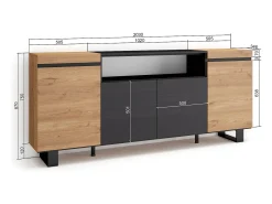 Aparadores para salón, 200x35x87cm, 4 Puertas, Diseño industrial, Roble y negro