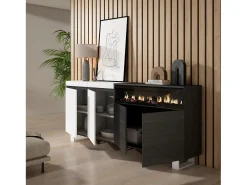 Aparadores para salón, 200x35x87cm, 4 Puertas, Chimenea eléctrica, Diseño industrial, Blanco y negro