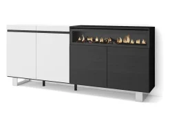 Aparadores para salón, 200x35x87cm, 4 Puertas, Chimenea eléctrica, Diseño industrial, Blanco y negro