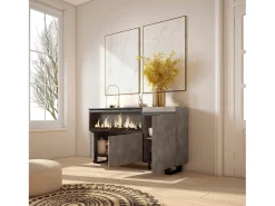Aparadores para salón, 158x35x87cm, 3 Puertas, Chimenea eléctrica XXL, Diseño industrial, Cemento