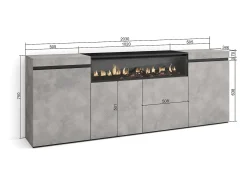Aparadores para salón, 200x35x75cm, 4 Puertas, Chimenea eléctrica, Cemento