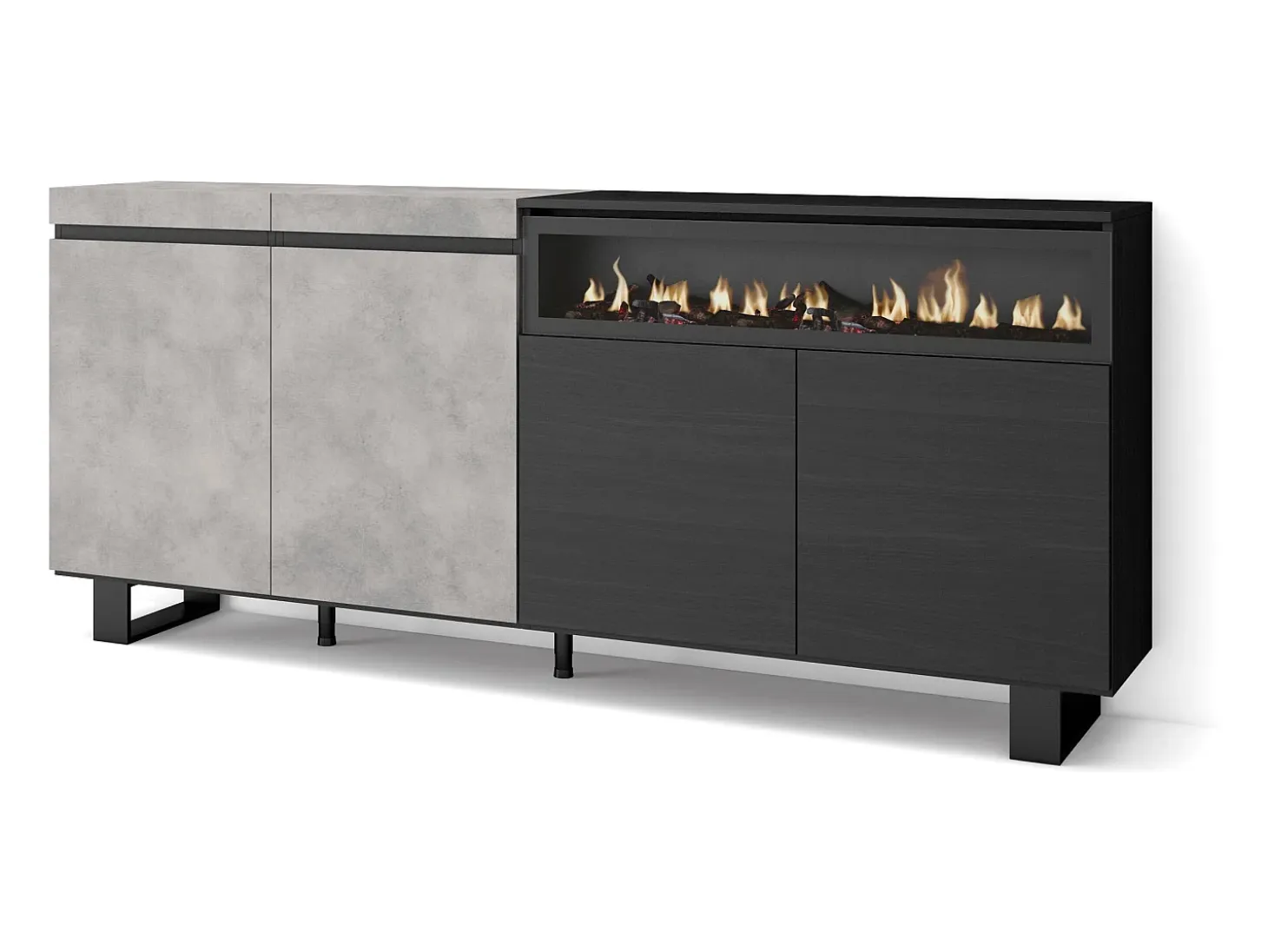 Aparadores para salón, 200x35x87cm, 4 Puertas, Chimenea eléctrica, Diseño industrial, Cemento