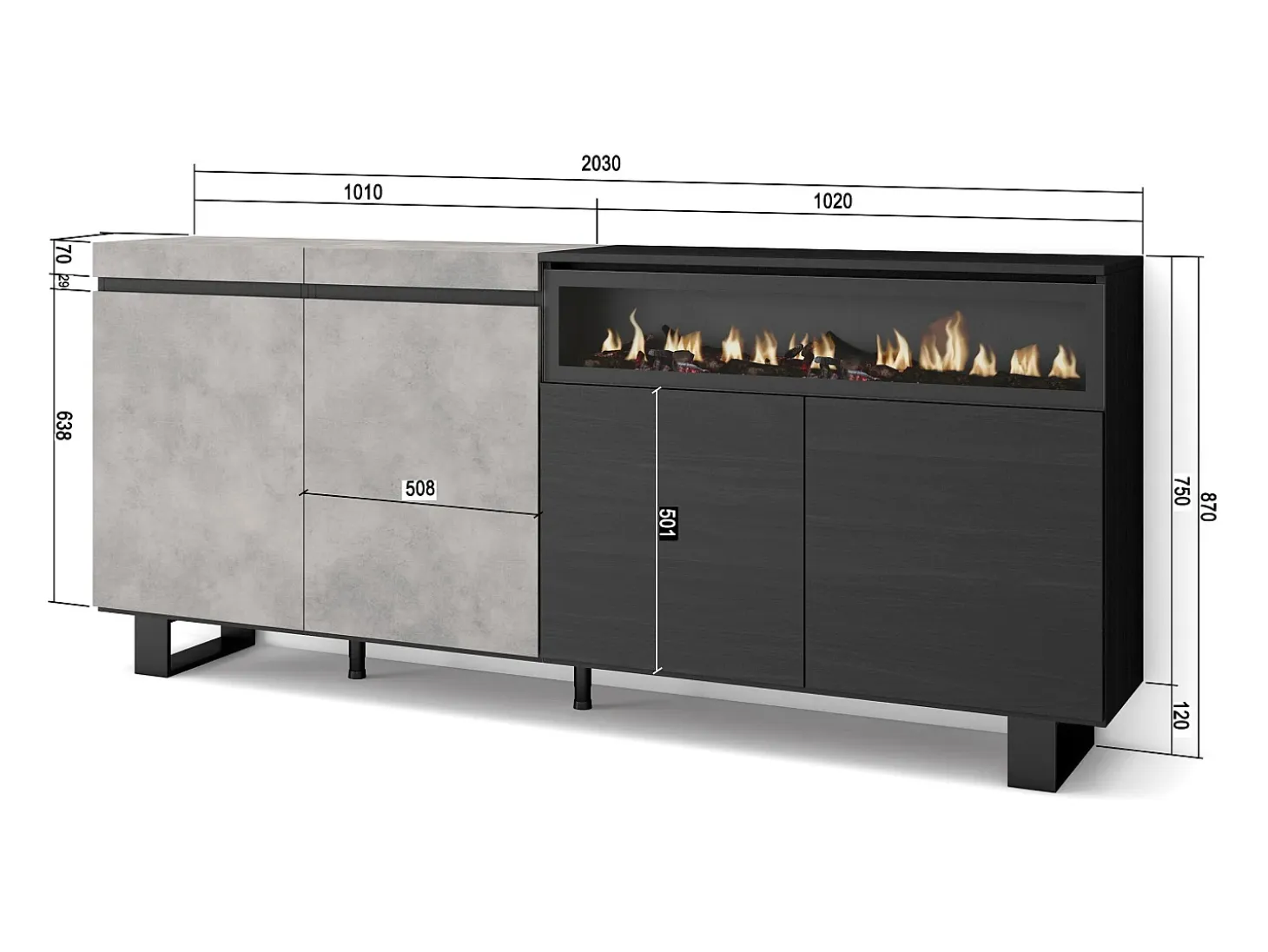 Aparadores para salón, 200x35x87cm, 4 Puertas, Chimenea eléctrica, Diseño industrial, Cemento