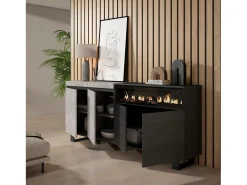 Aparadores para salón, 200x35x87cm, 4 Puertas, Chimenea eléctrica, Diseño industrial, Cemento