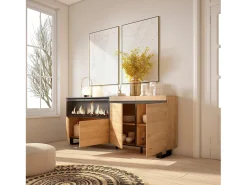 Aparadores para salón, 208x35x87cm, 4 Puertas, Chimenea eléctrica XXL, Diseño industrial, Roble