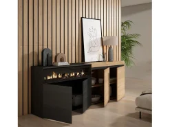 Aparadores para salón, 200x35x75cm, 4 Puertas, Chimenea eléctrica, Roble y negro