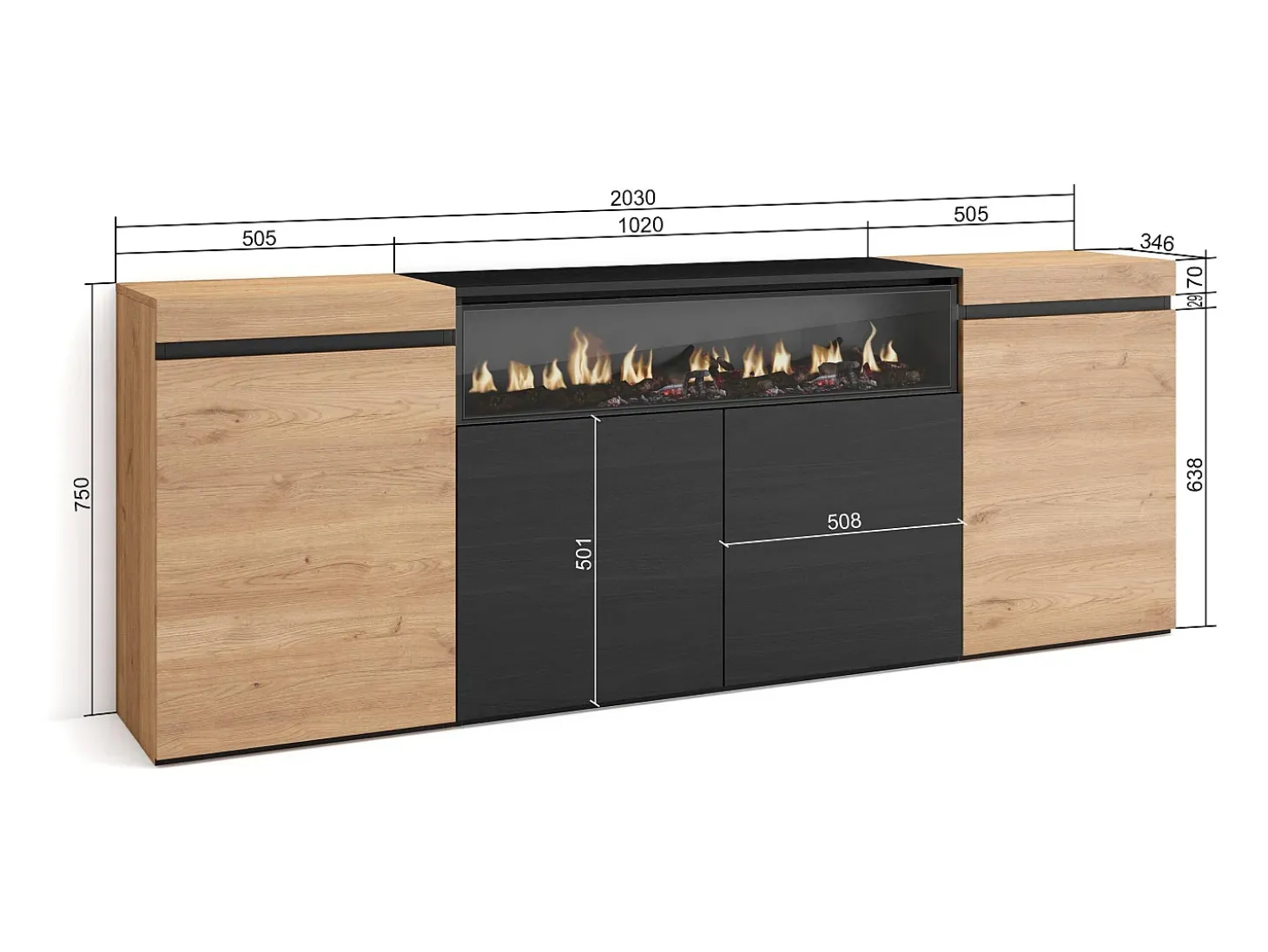 Aparadores para salón, 200x35x75cm, 4 Puertas, Chimenea eléctrica, Roble y negro