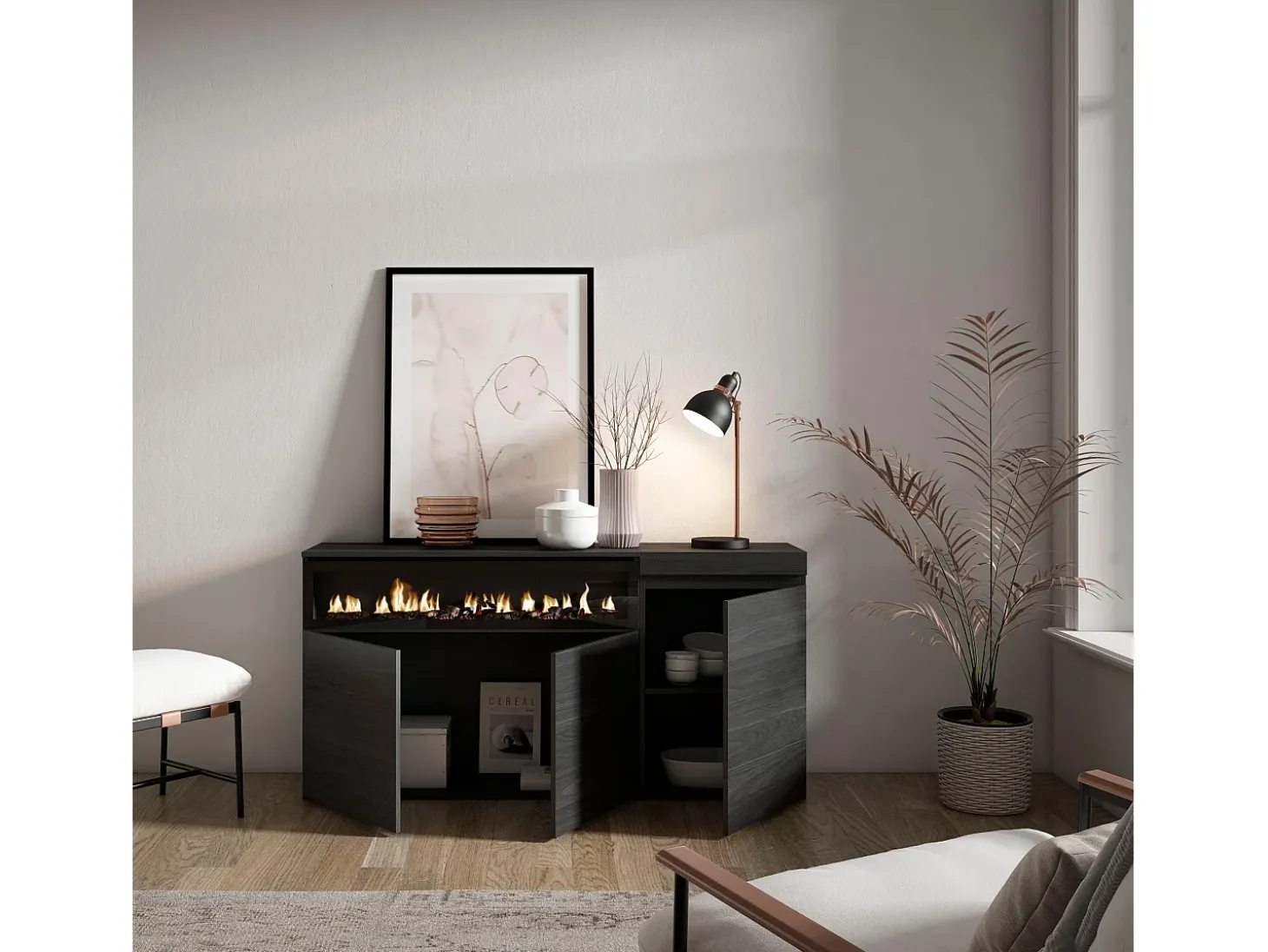 Aparadores para salón, 150x35x75cm, 3 Puertas, Chimenea eléctrica, Negro