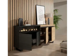Aparadores para salón, 200x35x87cm, 4 Puertas, Chimenea eléctrica, Diseño industrial, Roble y negro