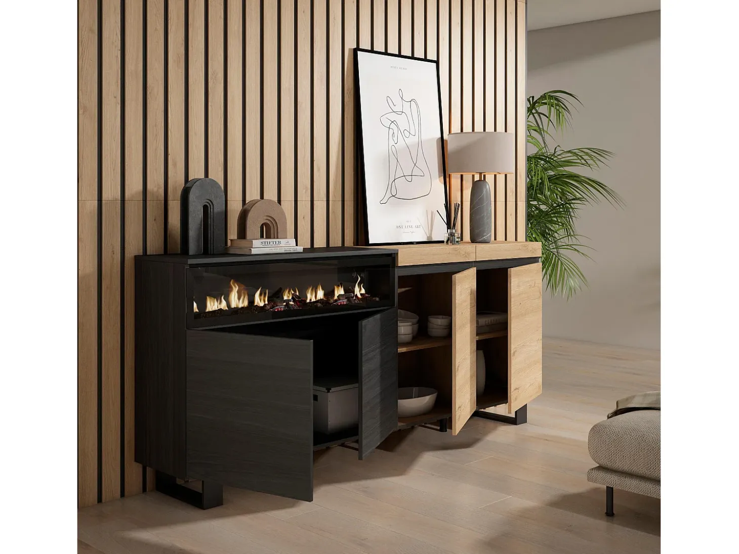 Aparadores para salón, 200x35x87cm, 4 Puertas, Chimenea eléctrica, Diseño industrial, Roble y negro