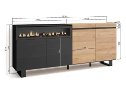 Aparadores para salón, 200x35x87cm, 4 Puertas, Chimenea eléctrica, Diseño industrial, Roble y negro