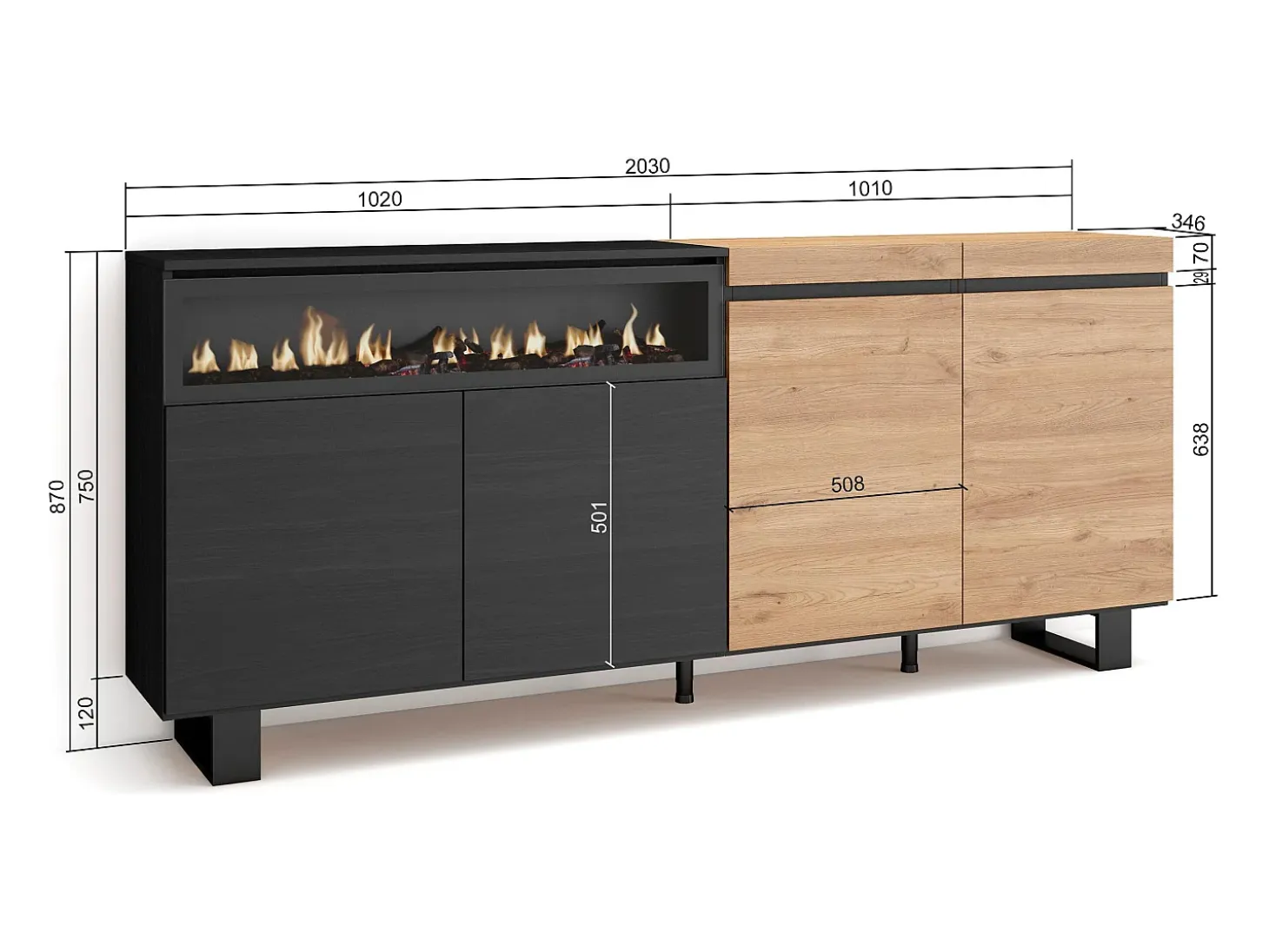 Aparadores para salón, 200x35x87cm, 4 Puertas, Chimenea eléctrica, Diseño industrial, Roble y negro