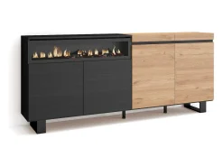 Aparadores para salón, 200x35x87cm, 4 Puertas, Chimenea eléctrica, Diseño industrial, Roble y negro