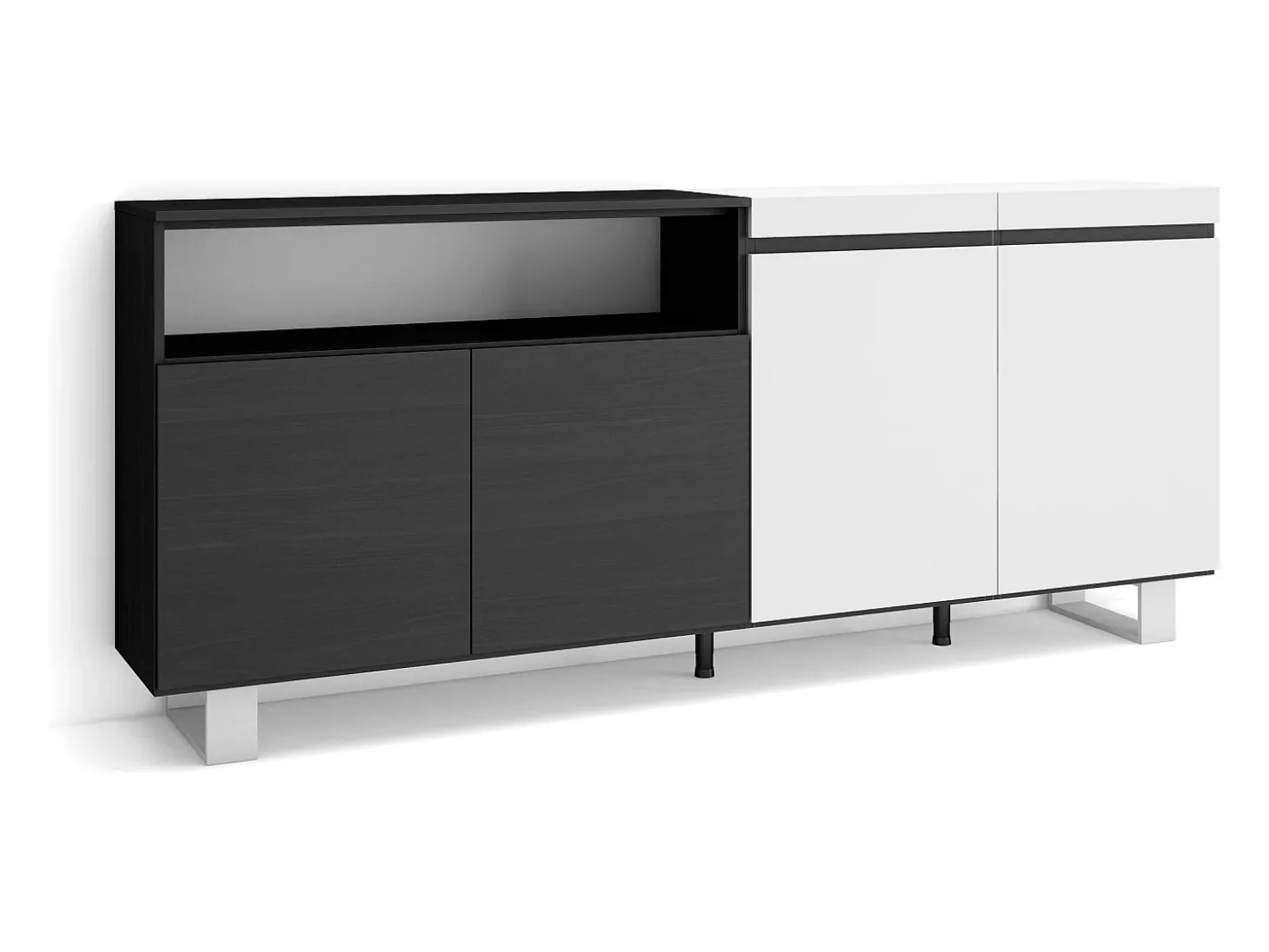 Aparadores para salón, 200x35x87cm, 4 Puertas, Diseño industrial, Blanco y negro