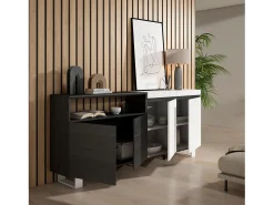 Aparadores para salón, 200x35x87cm, 4 Puertas, Diseño industrial, Blanco y negro
