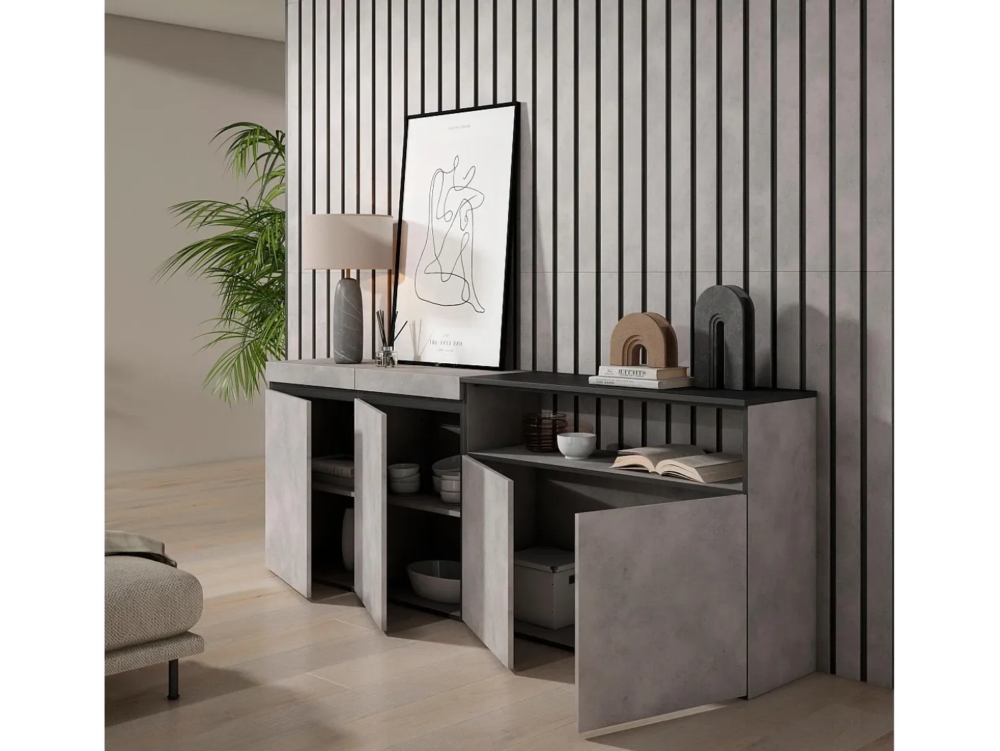 Aparadores para salón, 200x35x75cm, 4 Puertas, Armario, zapatero, Cemento