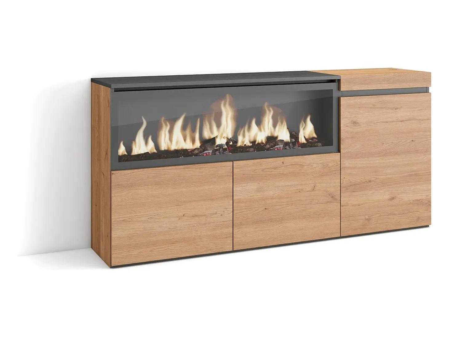 Aparadores para salón, 158x35x75cm, 3 Puertas, Chimenea eléctrica XXL, Roble