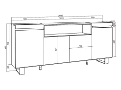Aparadores para salón, 200x35x87cm, 4 Puertas, Diseño industrial, Blanco y negro