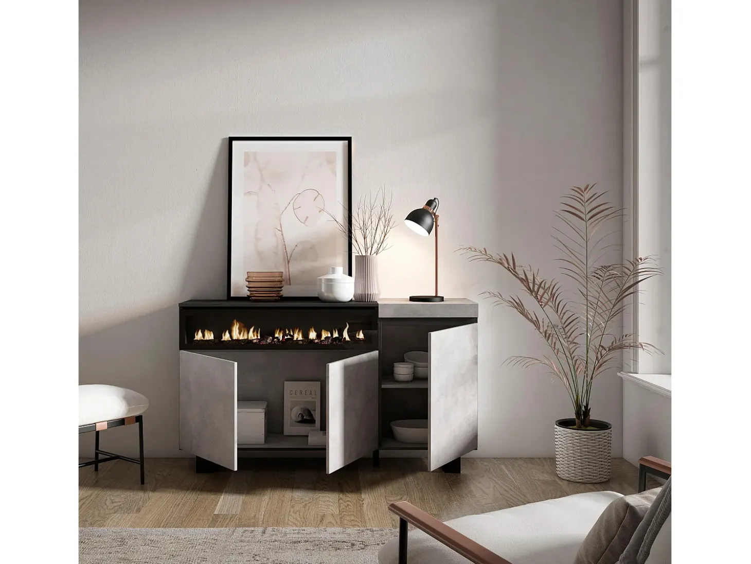 Aparadores para salón, 150x35x87cm, 3 Puertas, Chimenea eléctrica, Diseño industrial, Cemento