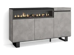 Aparadores para salón, 150x35x87cm, 3 Puertas, Chimenea eléctrica, Diseño industrial, Cemento