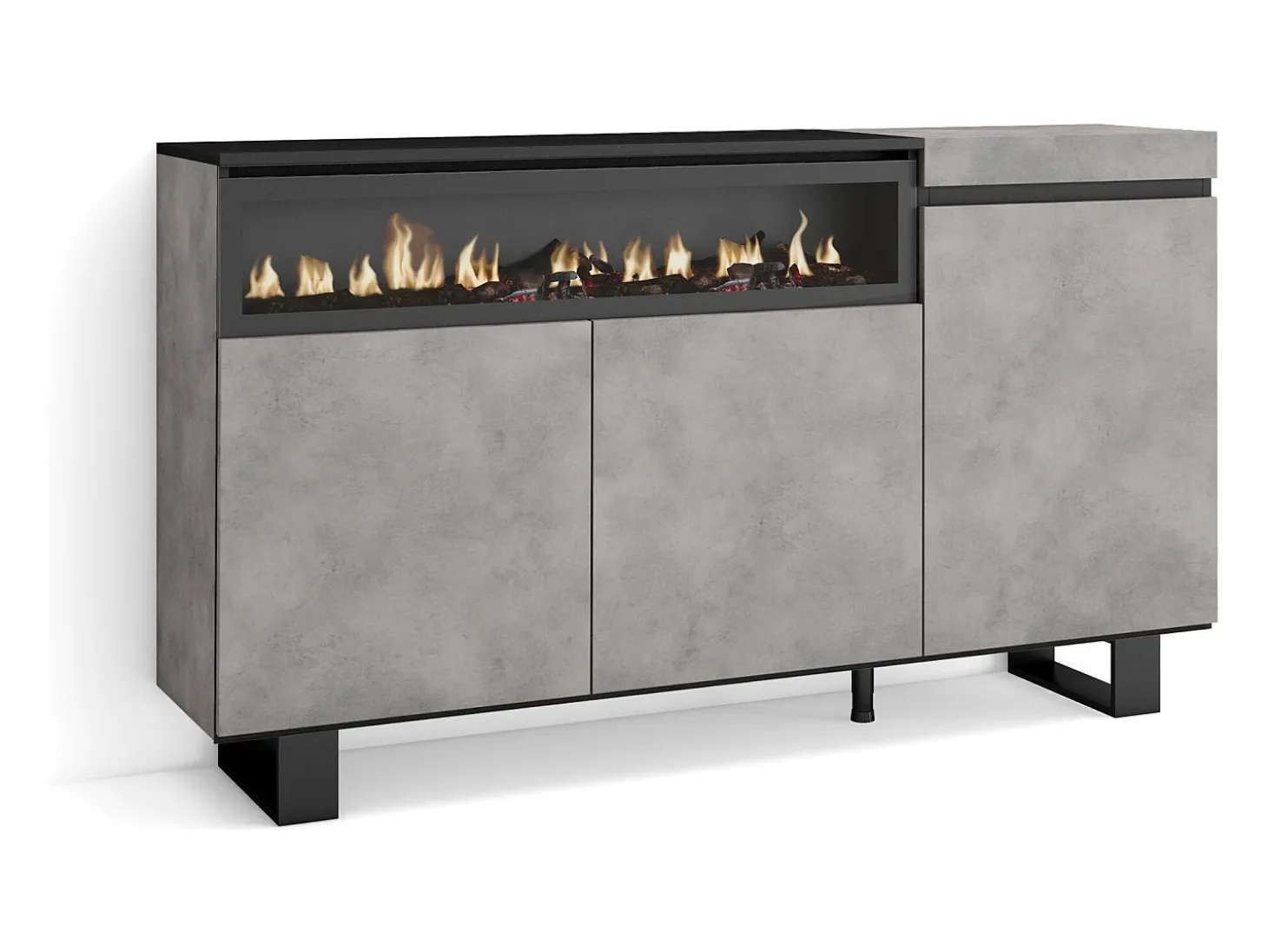 Aparadores para salón, 150x35x87cm, 3 Puertas, Chimenea eléctrica, Diseño industrial, Cemento