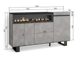 Aparadores para salón, 150x35x87cm, 3 Puertas, Chimenea eléctrica, Diseño industrial, Cemento