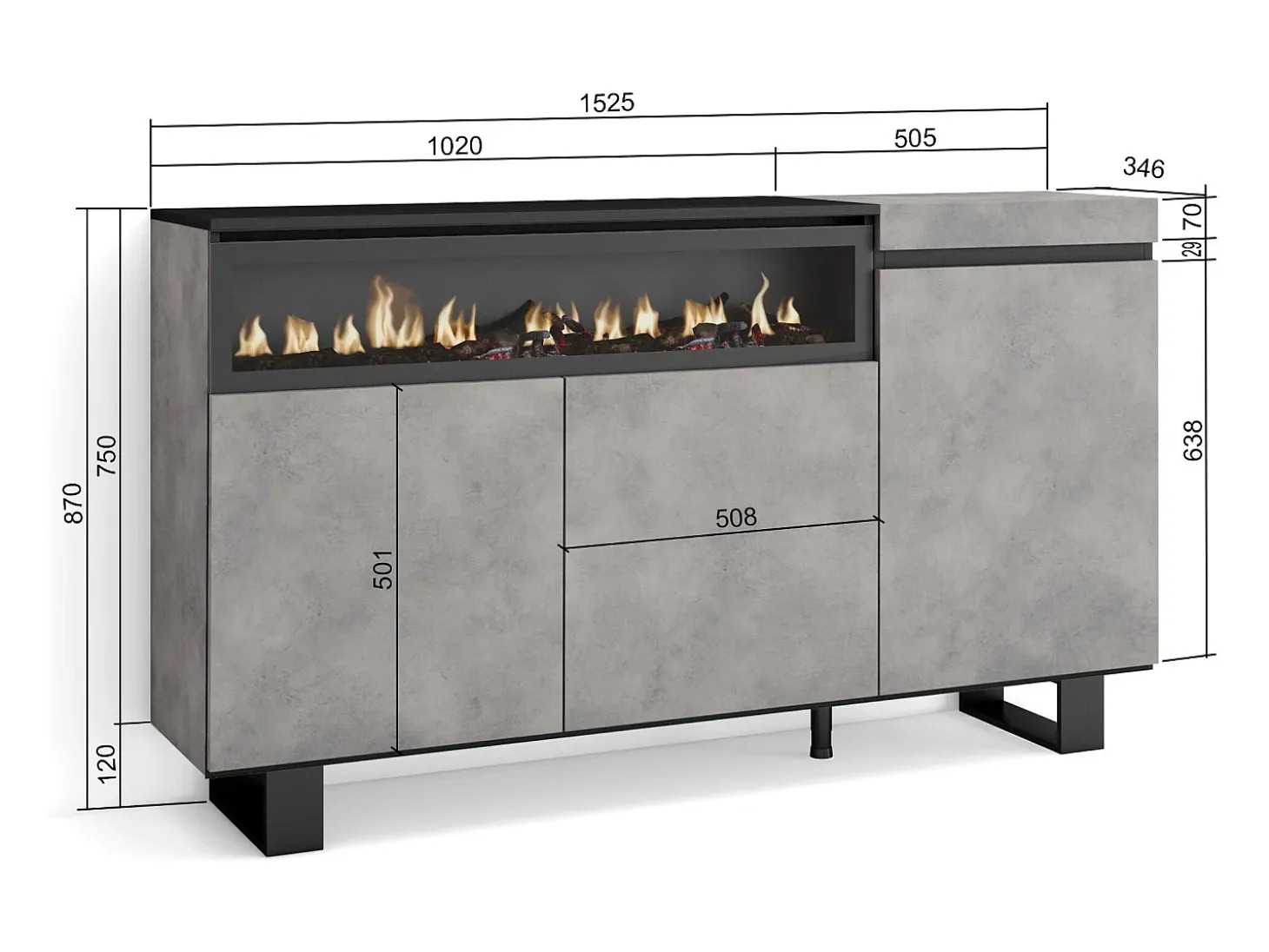 Aparadores para salón, 150x35x87cm, 3 Puertas, Chimenea eléctrica, Diseño industrial, Cemento