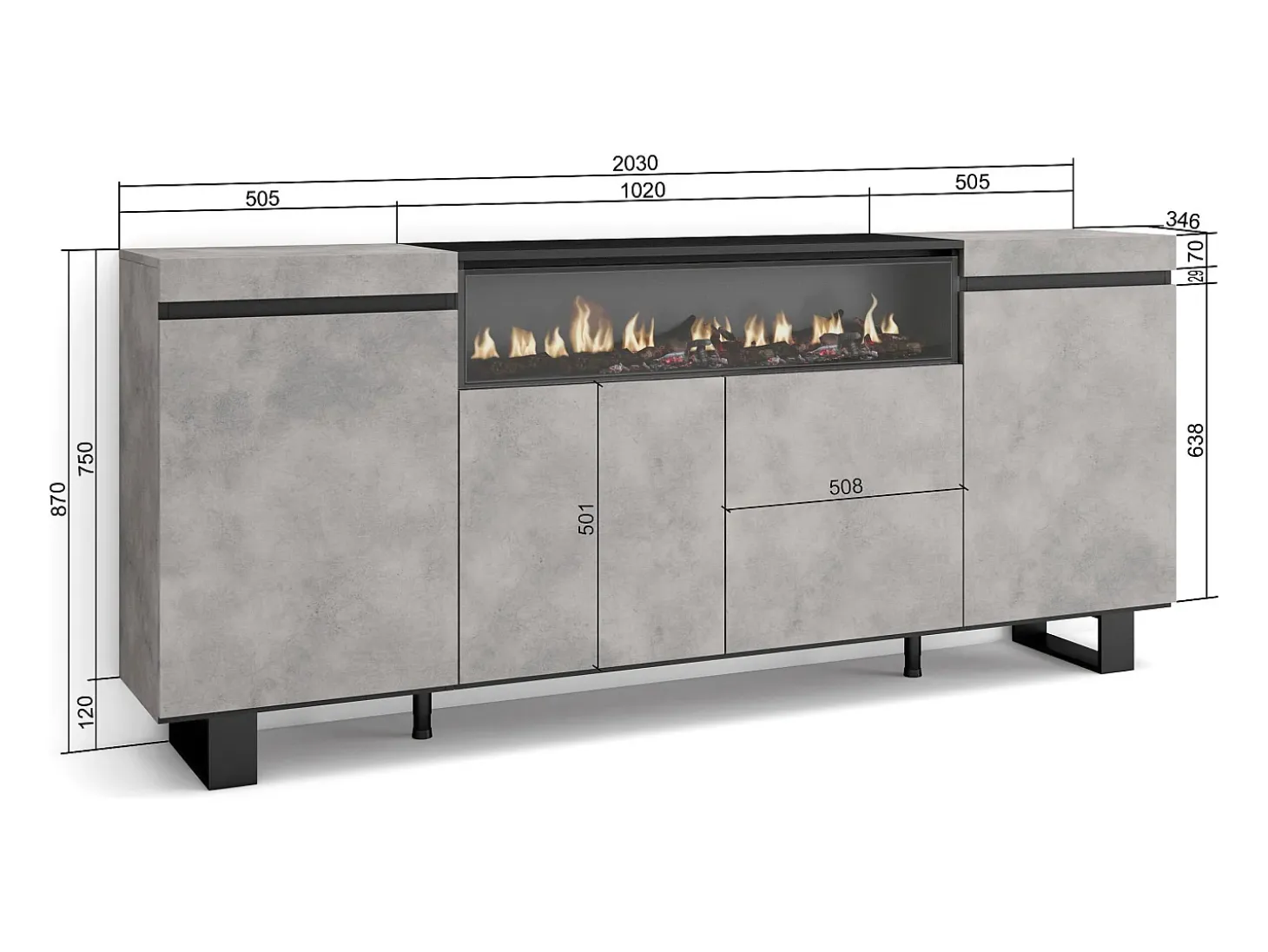 Aparadores para salón, 200x35x87cm, 4 Puertas, Chimenea eléctrica, Diseño industrial, Cemento
