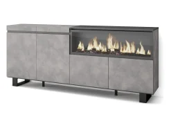 Aparadores para salón, 208x35x87cm, 4 Puertas, Chimenea eléctrica XXL, Diseño industrial, Cemento