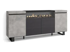 Aparadores para salón, 200x35x87cm, 4 Puertas, Chimenea eléctrica, Diseño industrial, Cemento