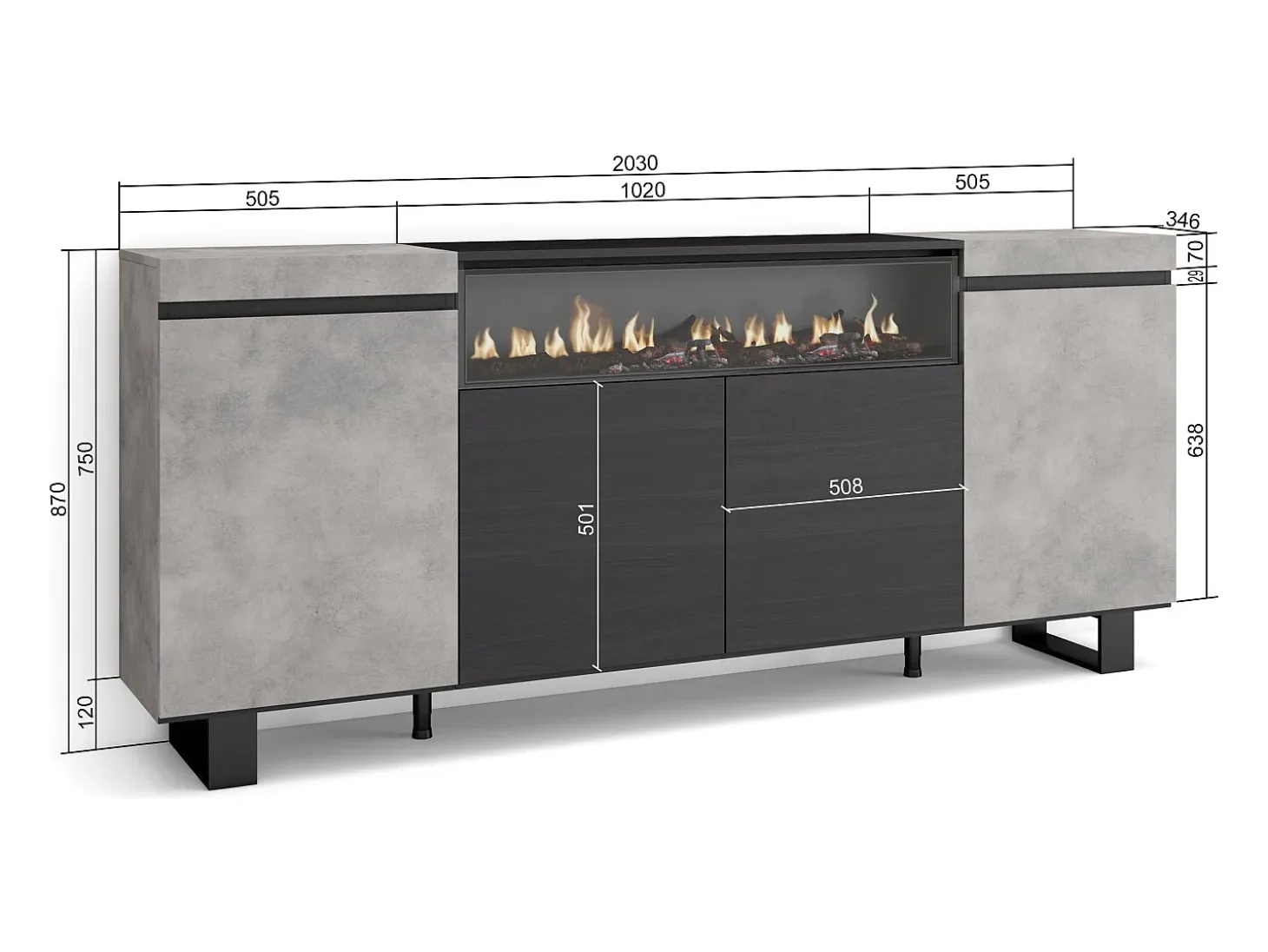 Aparadores para salón, 200x35x87cm, 4 Puertas, Chimenea eléctrica, Diseño industrial, Cemento