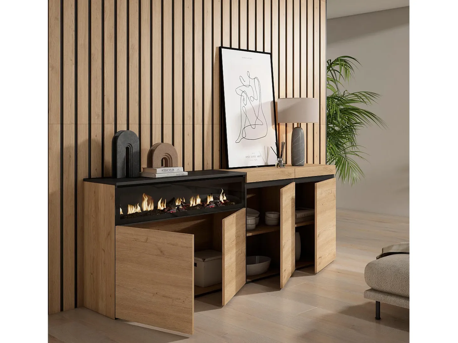 Aparadores para salón, 200x35x75cm, 4 Puertas, Chimenea eléctrica, Roble y negro