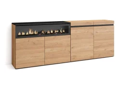 Aparadores para salón, 200x35x75cm, 4 Puertas, Chimenea eléctrica, Roble y negro