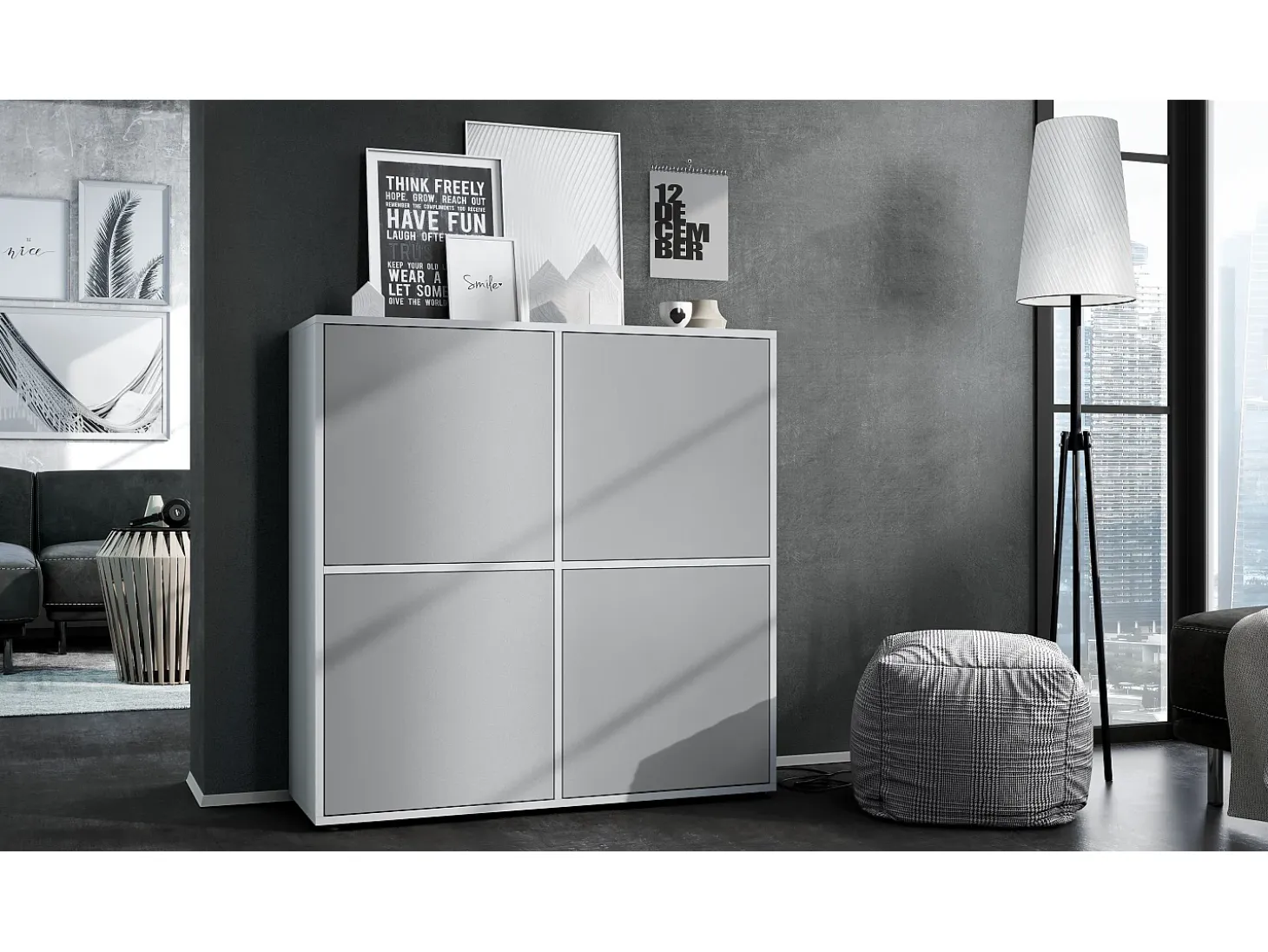 Aramario - Alacena Cuba V2 armario 104 x 105.5 x 35.5 cm armario - alacena con 8 compartimentos, cuerpo en blanco mate frentes en Gris claro satinado