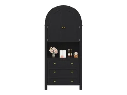 Armario alto con puertas y cajones curvos, estantes abiertos, MDF, negro (70x35x180 cm)