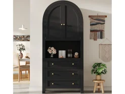 Armario alto con puertas y cajones curvos, estantes abiertos, MDF, negro (70x35x180 cm)