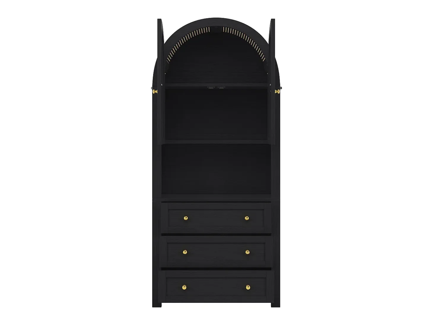 Armario alto con puertas y cajones curvos, estantes abiertos, MDF, negro (70x35x180 cm)