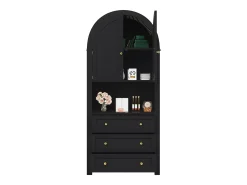 Armario alto con puertas y cajones curvos, estantes abiertos, MDF, negro (70x35x180 cm)