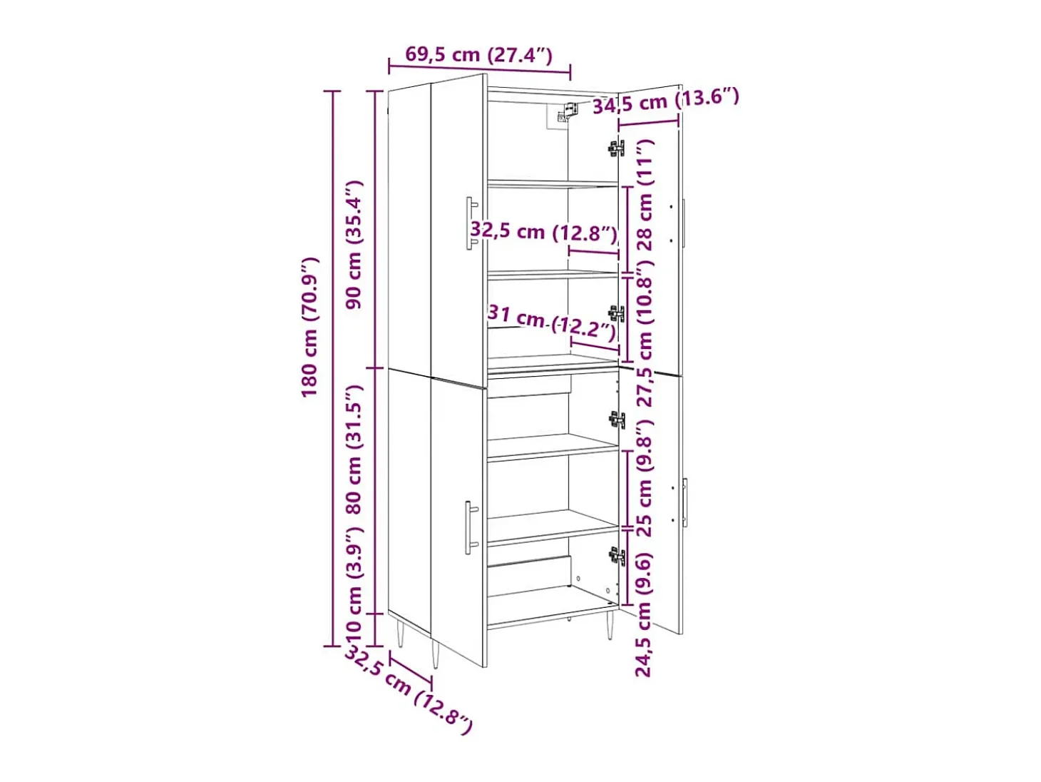 Armario alto de madera antigua 69,5 x 34 x 180 cm Madera de ingeniería