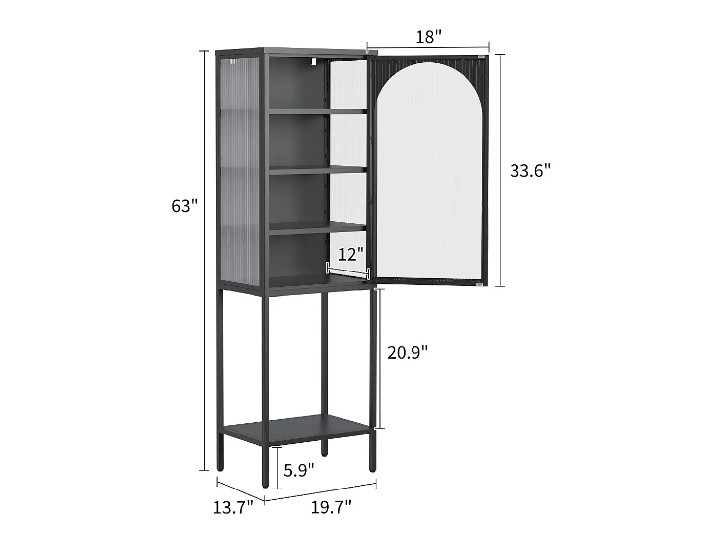 Armario de almacenaje metálico con puertas de cristal, 5 estantes, balda regulable, metal y cristal, negro (50x35x160 cm)