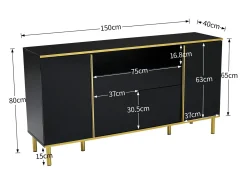 Armario de almacenamiento negro con cuatro puertas y dos cajones, armario moderno con luces LED.