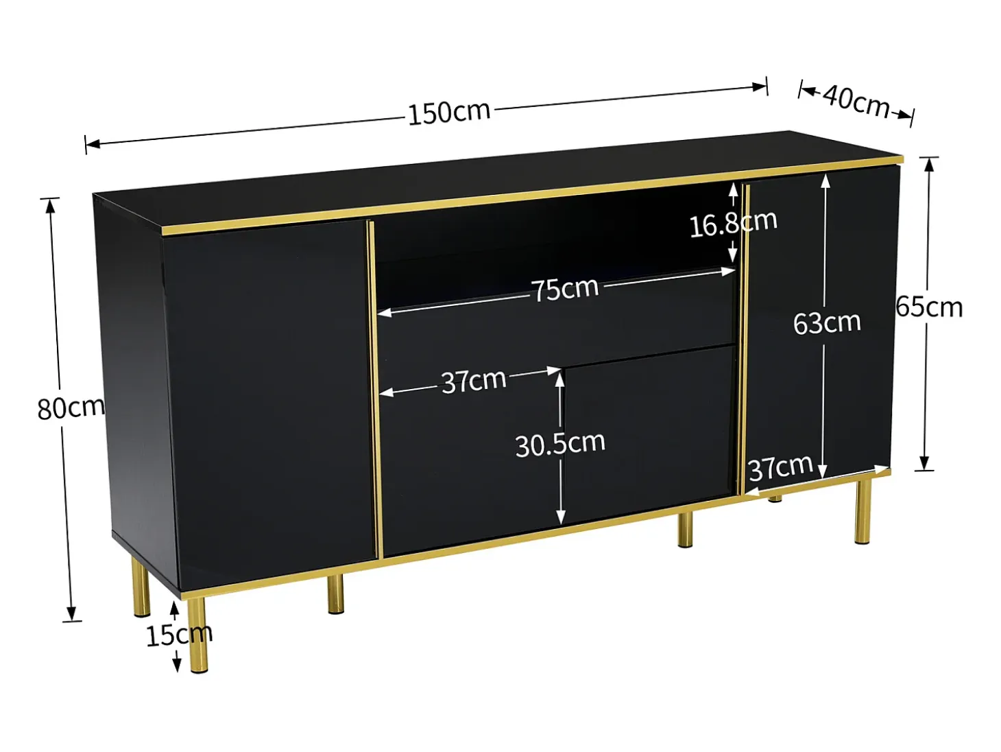 Armario de almacenamiento negro con cuatro puertas y dos cajones, armario moderno con luces LED.