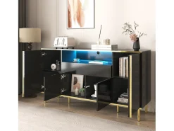 Armario de almacenamiento negro con cuatro puertas y dos cajones, armario moderno con luces LED.